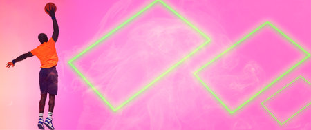 Rear view of african american player taking a shot with basketball by rectangles on pink background. Copy space, composite, smoke, sport, competition, illustration, glowing, shape and abstract.の写真素材