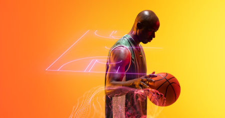 Illuminated basketball court and abstract pattern over side view of african american bald player. Ball, composite, copy space, playground, sport, competition, illustration, shape and abstract concept.の写真素材