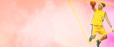 Composite of biracial basketball player jumping and taking shot ball by triangle on smoky background. Copy space, sport, competition, illustration, illuminated, shape and abstract concept.の写真素材