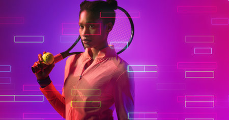 Serious biracial female tennis player with racket looking away by illuminated rectangles. Copy...