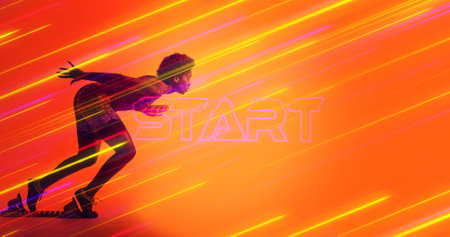Side view of biracial female athlete running by start text over illuminated long exposure of lights. Composite, sprinting, sport, competition, beginning, racing, shape and abstract concept.の写真素材