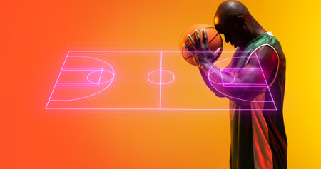 Side view of stressed bald african american player holding ball on forehead by basketball court. Copy space, composite, playground, sport, competition, illustration, shape and abstract concept.の写真素材