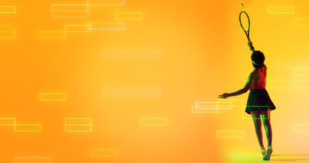 Rear view of biracial female tennis player striking ball with racket over illuminated rectangles. Yellow, copy space, composite, sport, competition, playing, match and abstract concept.の写真素材