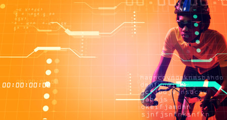 Biracial female cyclist riding bike over illuminated grid pattern with lines, dots and codes....