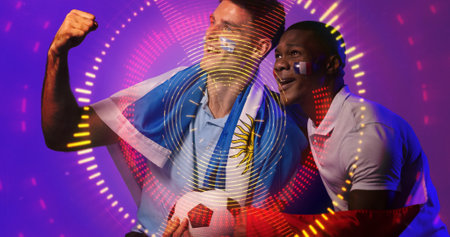 Composite of multiracial male players with french flag and face paints over illuminated circles. Copy space, sport, competition, rugby, ball, shape, patriotism, achievement and abstract concept.の写真素材