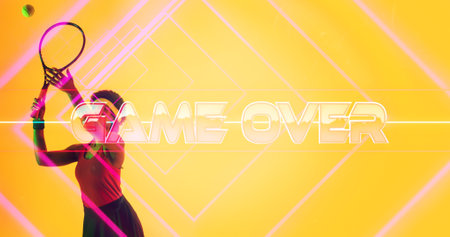 Biracial female athlete striking ball with racket by illuminated game over text by lines. Copy space, composite, sport, competition, playing, match, the end and abstract concept.の写真素材