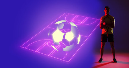Digital composite image of young caucasian player with illuminated neon soccer field, copy space. Computer graphic, soccer, sport, design, athlete, competitive sport.の写真素材