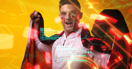 Portrait of caucasian soccer player with flag celebrating success with abstract design and coding....