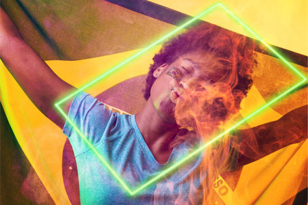 Rectangle neon over african american female fan with flag puckering during soccer match. Digital composite, yellow background, brazil flag, sport, spectator, love, abstract, success.の写真素材