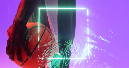 Multiple exposure of african american basketball player holding ball over plants with square neon. Digital composite, copy space, nature, sport, purple background, athlete, skill, design.の写真素材