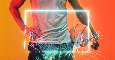 Multiple exposure of male basketball player over plants with rectangle neon, copy space. Digital composite, nature, sport, orange background, athlete, skill, design.の写真素材