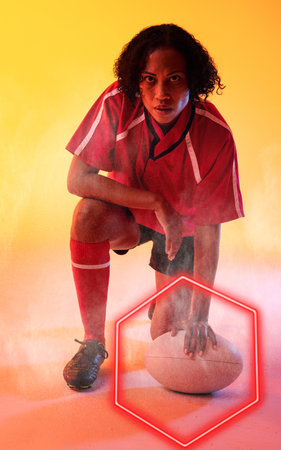 Composite of biracial female rugby player with ball bending by illuminated red hexagon. Copy space, sport, competition, shape, playing, match and abstract concept.の写真素材