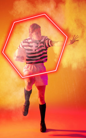 Caucasian female player with ball showing stop gesture over red illuminated hexagon amidst smoke. Copy space, composite, sport, competition, shape, rugby, playing, match and abstract concept.の写真素材