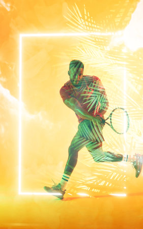 African american male player with racket playing tennis over illuminated rectangle and plants. Copy...