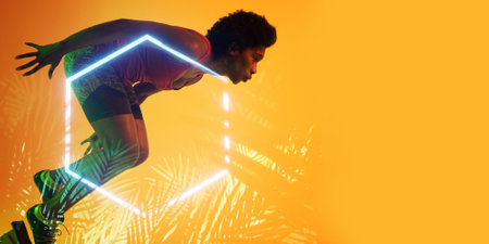 Side view of african american female athlete running by illuminated hexagon and plants. Copy space,...