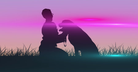 Composition of light trails over man with dog silhouette and grass on pink background. Light, pattern and movement concept digitally generated image.の写真素材