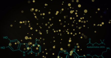 Composition of light spots over chemical formula on black background. Global science, technology and...