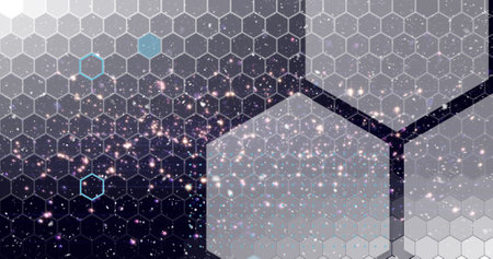 Composition of light spots over hexagons on black background. Global science, technology and digital interface concept digitally generated image.の写真素材