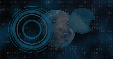 Image of tech icons, graph, globe and binary code on dark background. Network, communication,...