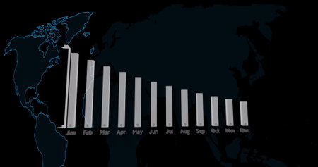 Image of data processing and statistics on dark background. Global business finance stock market and technology concept digitally generated image.の写真素材