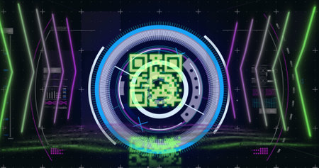 Image of qr code over scope scanning and data processing on black background. global technology,...