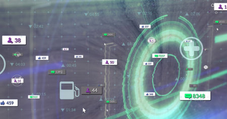 Composition of data processing with media icons over scope scanning. Global business and digital...