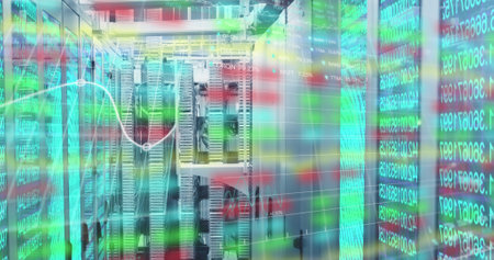 Financial and stock market data processing against computer server room. global finance and business...