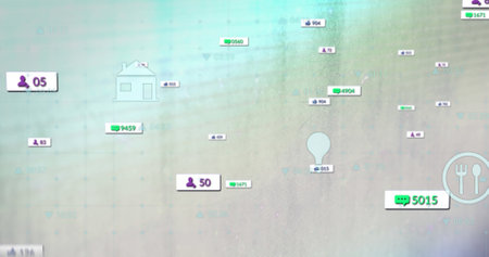 Composition of shapes over data processing and media icons on white background. Global business and...