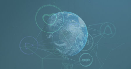 Image of stock market over network of connections and globe on green background cityscape. Global...