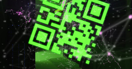 Image of qr code over server room. global technology and digital interface concept digitally...