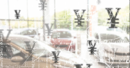 Composition of mathematical equations over yen symbols and car salon. Global business and finances concept digitally generated image.の写真素材