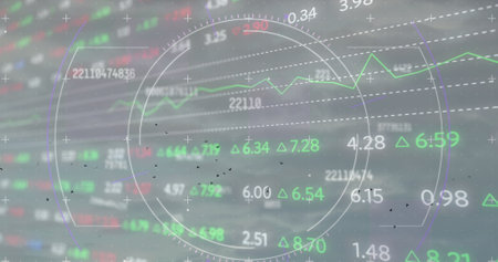 Multiple changing numbers and scope over stock market data processing against grey background....