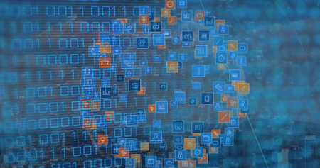 Image of binary code over globe made of icons. Internet, network, data processing, digital security...