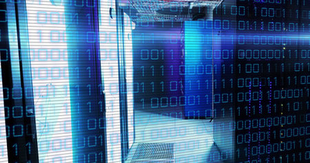 Image of binary code and lights over servers. Global network, data processing, digital communication...