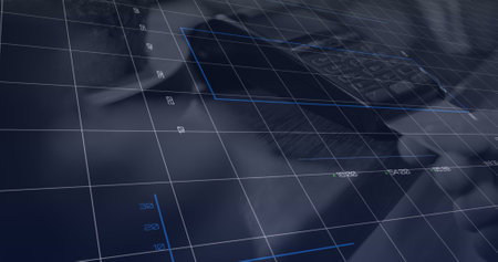 Composition of data processing over man paying with credit card over payment terminal. Global online shopping, business, finance, computing and data processing concept digitally generated image.の写真素材