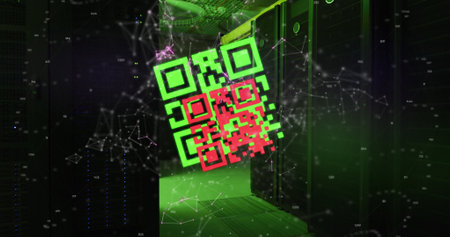 Image of qr code over server room. global technology and digital interface concept digitally generated image.の写真素材