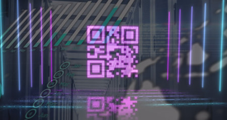 Image of pink qr code with neon lights and data processing over computer server room. Global communication, business, data and digital interface concept digitally generated image.の写真素材