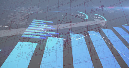 Image of financial data over mathematical equations in school notebook. learning and maths education...