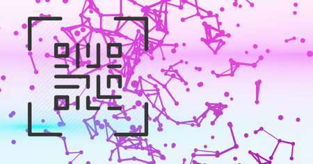Image of qr code over dots and connections on pink and blue background. Network, communication, connections and technology concept digitally generated image ,の写真素材
