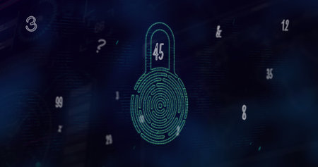 Composition of padlock icon with numbers and letters on black background. Global technology and data...