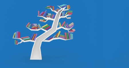Image of tree with books on branches on blue background. School, reading and education concept...