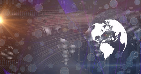 Composition of data processing over world map and globe. Global business, finances, connections,...