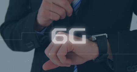 Composition of 6g text and network of connections over businessman using smartwatch. Global...