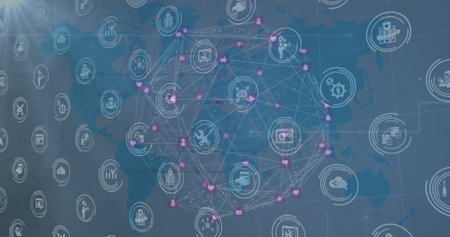 Composite of digital data processing with network of connections with icons. Global networks,...