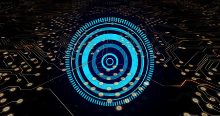 Composition of computer circuit board over scope scanning on black background. Global technology, computing and digital interface concept digitally generated image.の写真素材