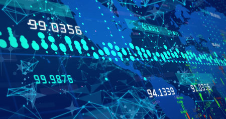 Composition of data processing over world map. Global business, finances, connections, computing and...