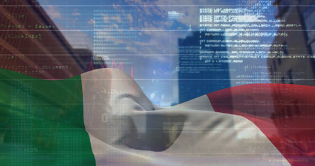 Composition of data processing over flag of italy and cityscape. Global business and data processing concept digitally generated image.の写真素材
