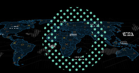 Composition of circle with dots and data processing over world map. Global computing and data...