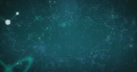 Composition of molecules over network of connections on black background. Global technology,...