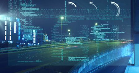 Image of data processing over cityscape. Global business, connections, computing and data processing...